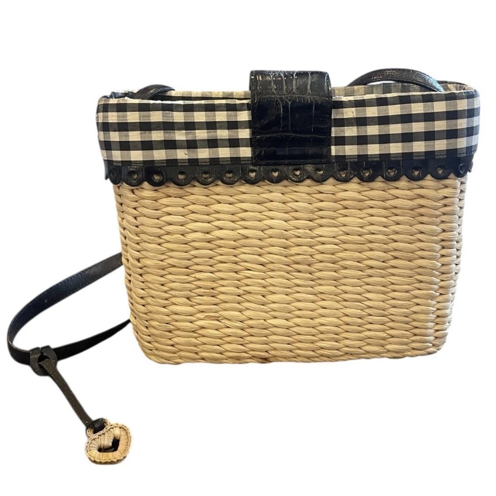 Brighton Vintage Rattan Gingham Black White Leather Handbag Heart Charm - Picture 2 of 11